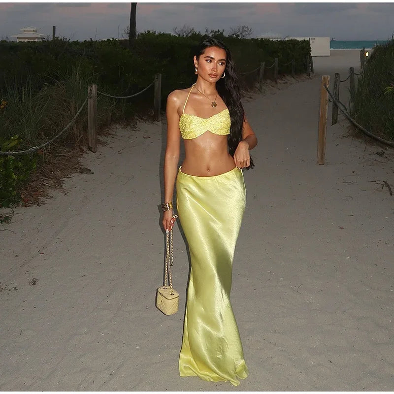 Sexy Sequined Bikini Top Skirt Sets Women Halter Lace Up Backless Crop Top Hip Package Long Skirts 2025 Summer Lady Beach Suits