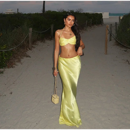 Sexy Sequined Bikini Top Skirt Sets Women Halter Lace Up Backless Crop Top Hip Package Long Skirts 2025 Summer Lady Beach Suits