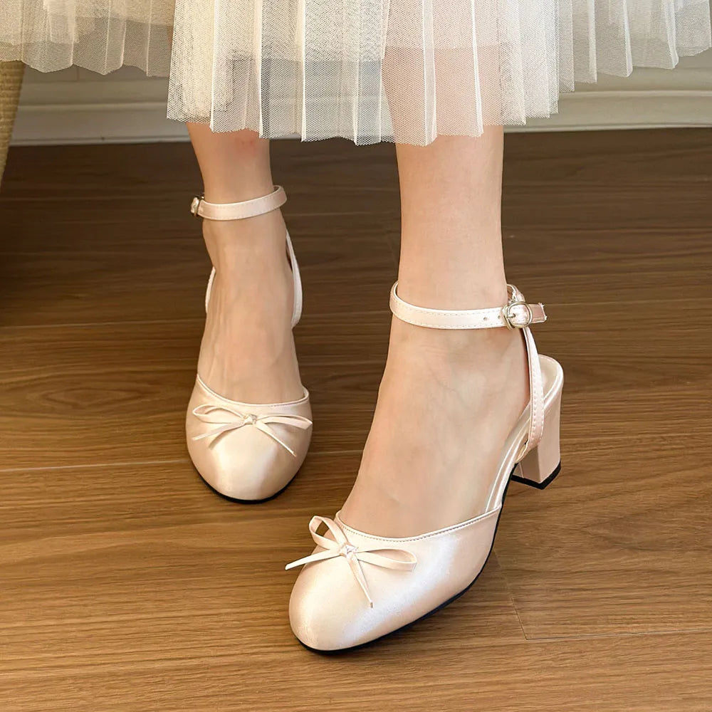 Women's Satin Round Toe Bowknot Block Heel Mary Janes Shoes Ankle Buckle Strap Slingback Pumps Wedding Party High Heels Shoes