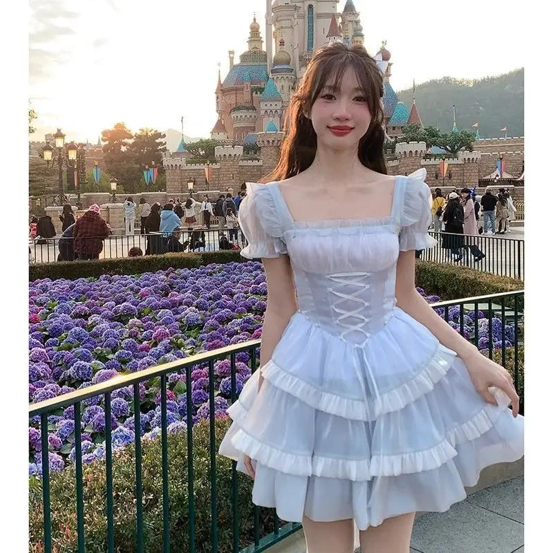 Japan Fashion White Mini Dresses Women French Stitching Wood Ears Lace Cross Lacing Up Short Sleeve Short Dress Holiday Clothin