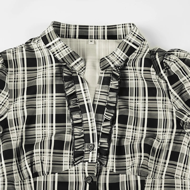 French Chic Ruffles Elegant Women T-Shirts Simple Fashion Slim Fit All-Match Plaid V-Neck Blouses
