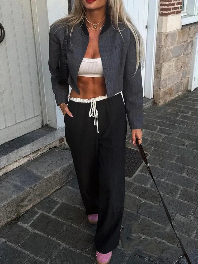 Spring Streetwear Patckwork Black Women Pants High Waist Elastic Wide Leg Long Pants Fashion Summer Bow Tie Trousers