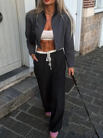 Spring Streetwear Patckwork Black Women Pants High Waist Elastic Wide Leg Long Pants Fashion Summer Bow Tie Trousers