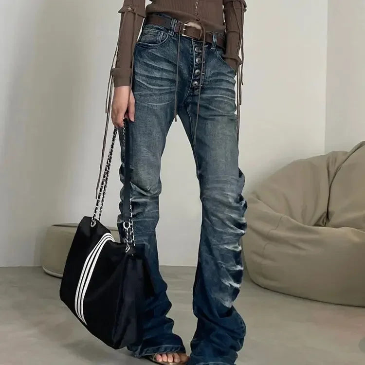 American Style Retro Washed Ripple Crack Jeans Women 2000s Y2k New Hot Girl Fashion Design Trouser Chic Hip-pop Slim Mop Pants