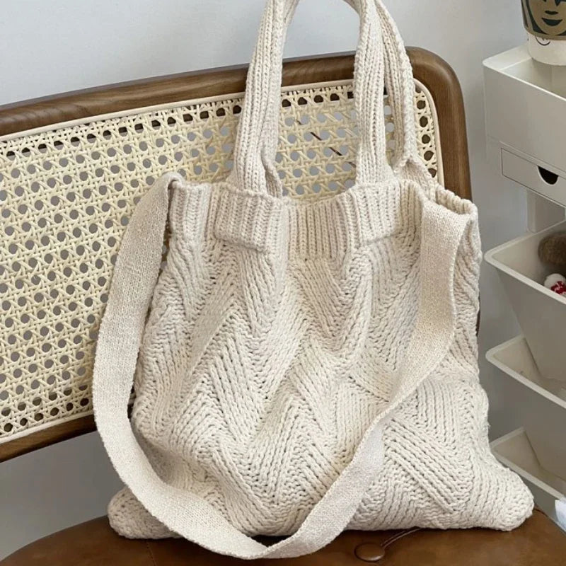 Grunge Vintage Knitted Solid Shoulder Bag Simple All Match Y2k Aesthetic Tote Japanese Cute High-capacity Crossbody Handbags