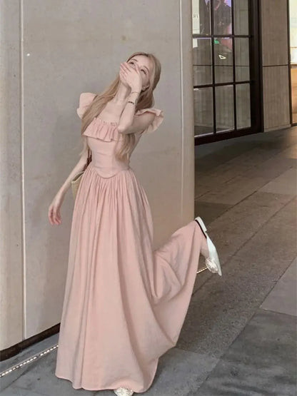 Sweet Gentle Square Neck Dress Summer New Temperament Waist-sharp Mid-length Dress