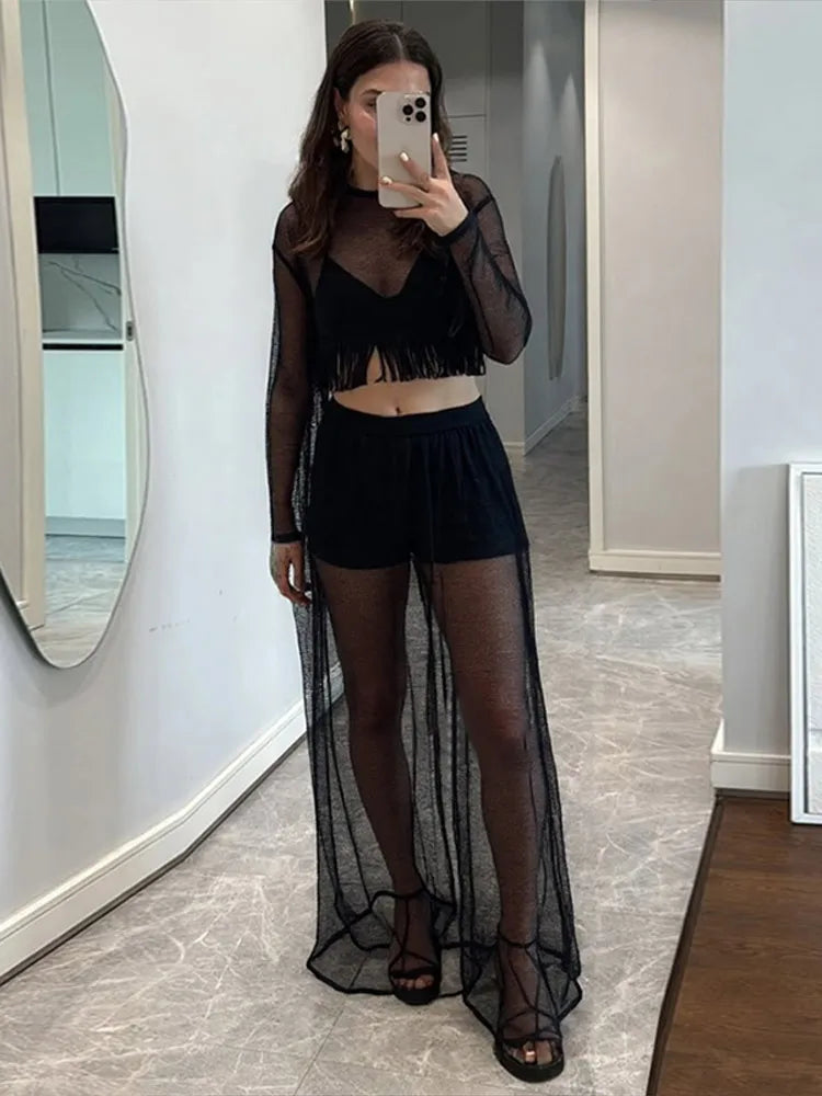 Mesh See Through Tassels Crop Top Pants Sets Women Long Sleeve O-neck Pullover Straight Trousers Suits 2025 Summer Holiday Set