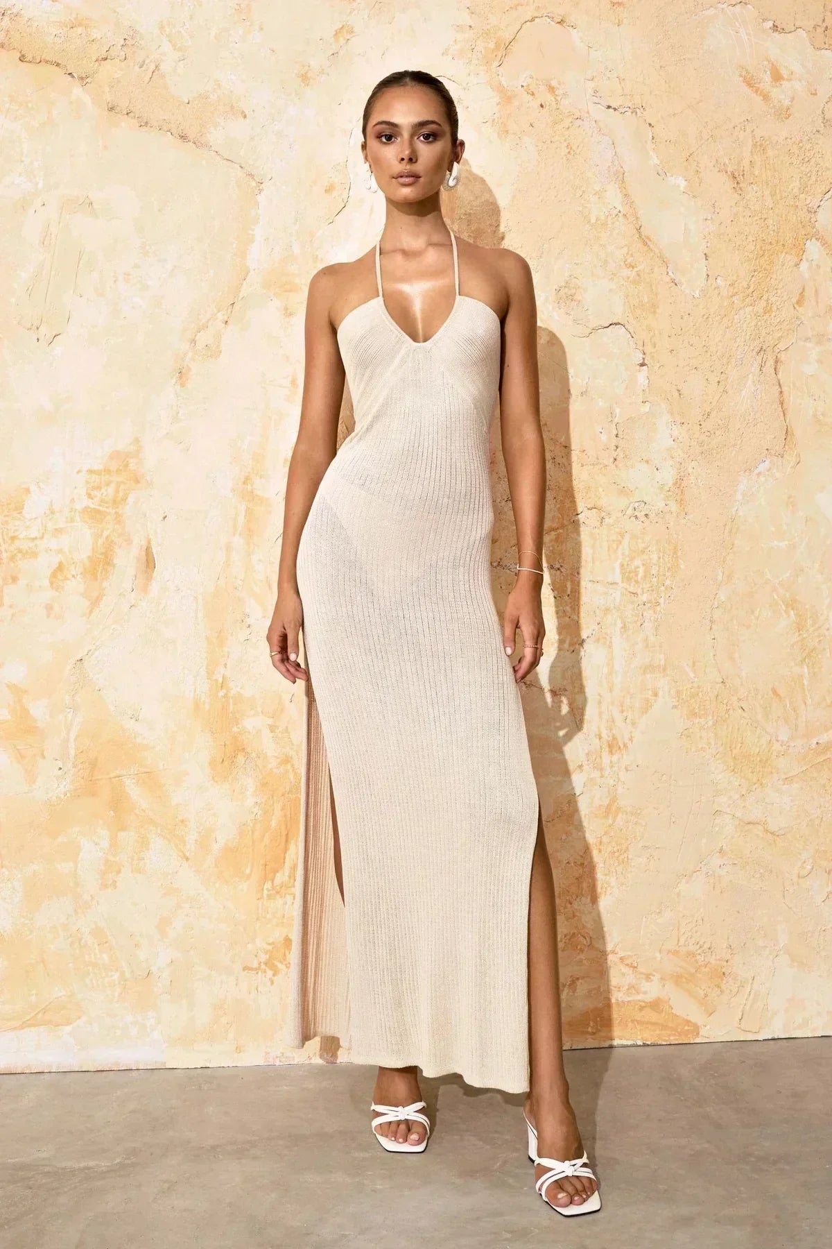 Halter Cross Strap Deep V Neck Ribbed High Slit Maxi Dress