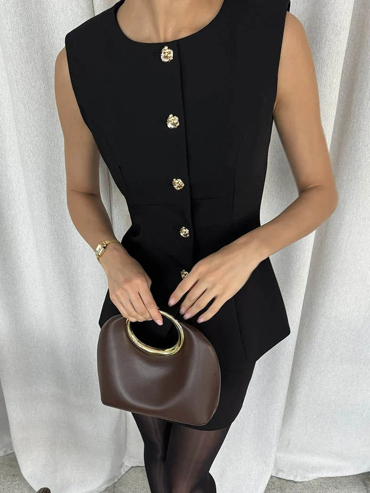 Elegant Solid Blazer Skirt Set Women Flower Buttons Slim Sleeveless Vest Straight Mini Skirt Two Piece Lady Office Outfit