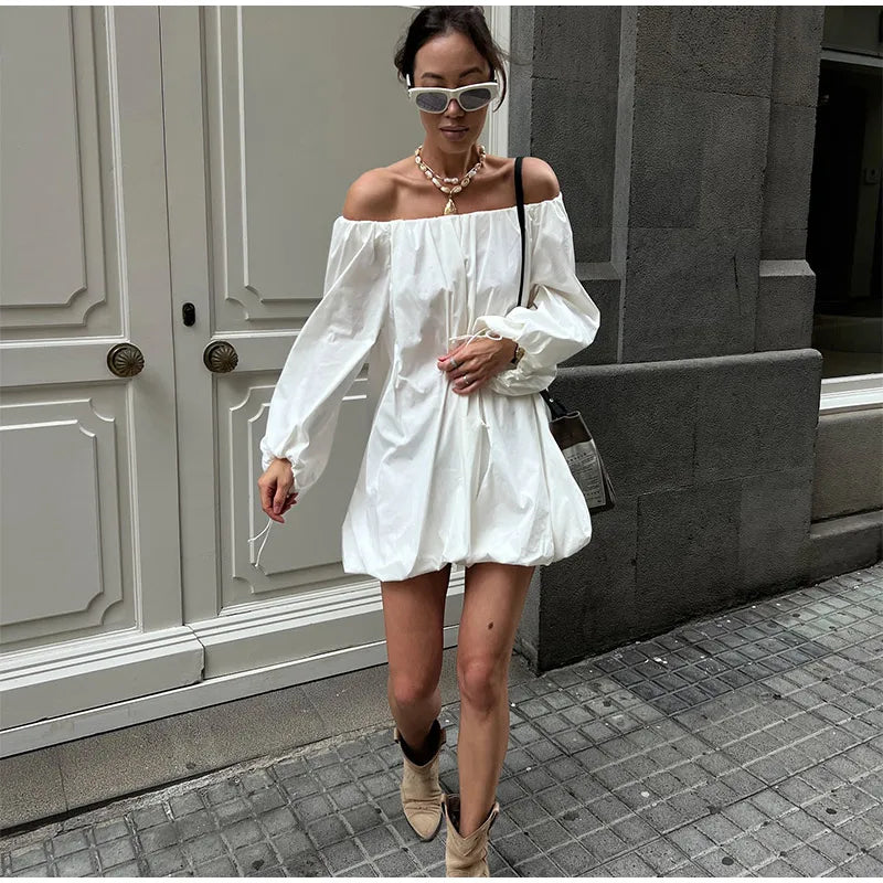 Boat Neck Backless Dress Woman Pleats Solid Color Loose Short Floral Bud Dresses Casual Versatile Fashion Women's Chic New Dress