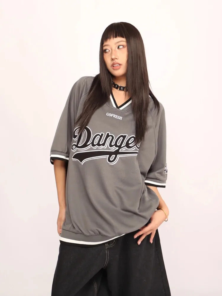 Y2k Sport Embroidery Graphic T Shirts for Women Oversized V-neck Quick Drying Short SleeveTee Summer Hip Hop Casual Tops