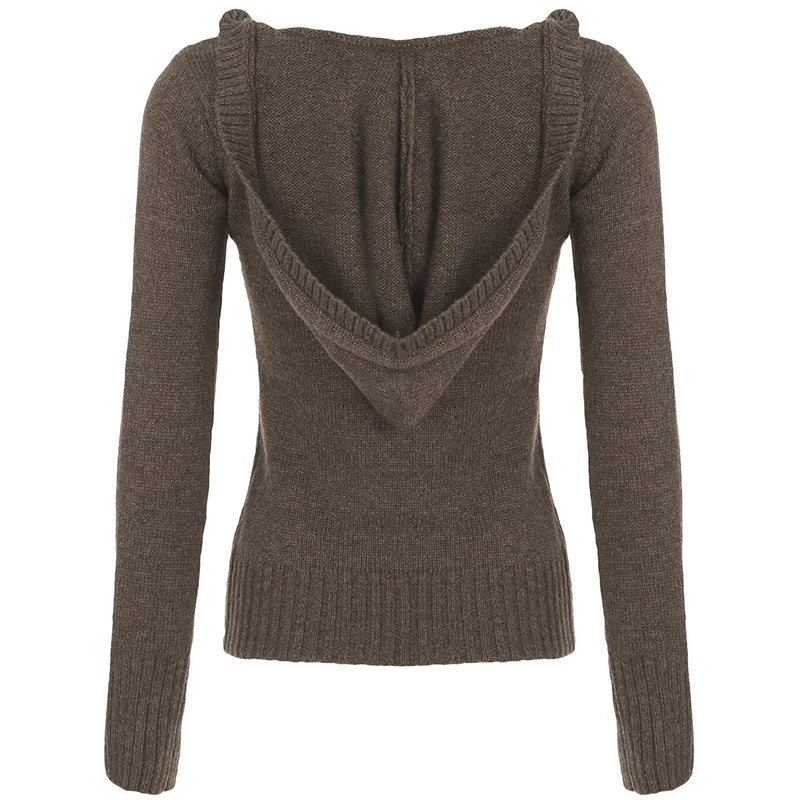 Y2K Brown V-neck Hooded Sweater Vintage Basic Slim Button Up Knitted Pullovers Autumn Casual Streetwear Outfits Lady