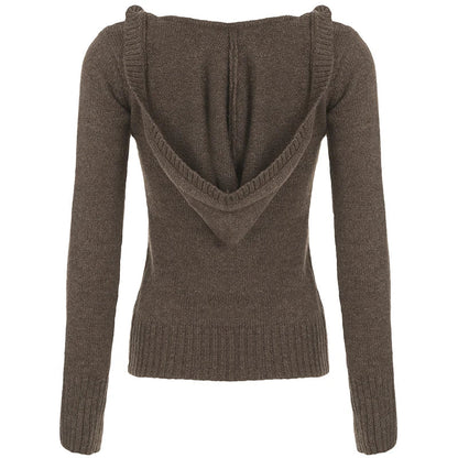 Y2K Brown V-neck Hooded Sweater Vintage Basic Slim Button Up Knitted Pullovers Autumn Casual Streetwear Outfits Lady