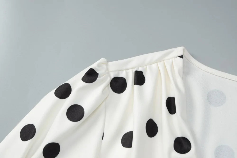 Spring Autumn Polka Dot Print Mini Dress Women Elegant Deep V Neck Flare Sleeve Slim High Waist A Line Short Party Dresses