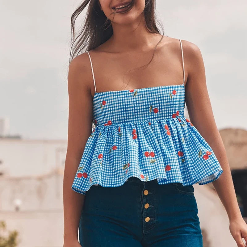 Backless Tie Up Crop Tops Cherry Plaid Print Peplum Camisole Summer Holiday Sweet Cute Milkmaid Tank Vest Y2K Clothes