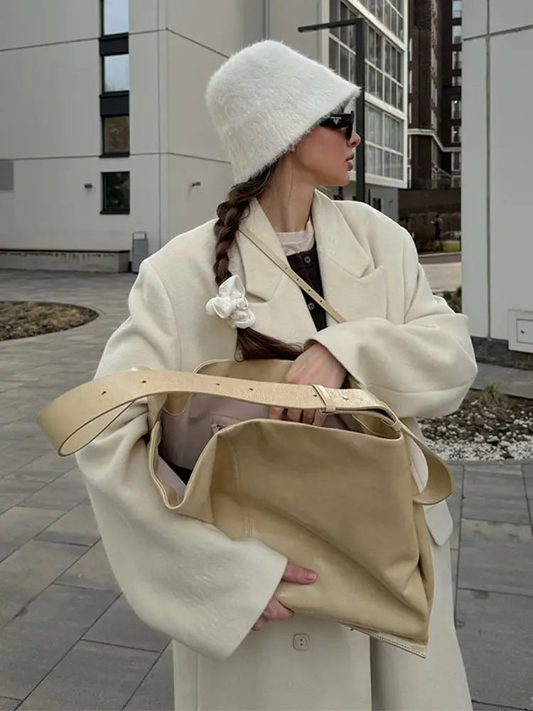 Elegant Solid Double Breasted Long Coat Women Chic Casual Loose Lapel Pad Shoulder Tweed Coats Lady Winter Retro Street Outwear