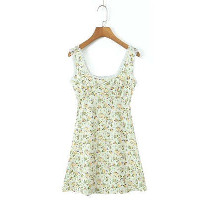 Lace Trim Floral Print Sleeveless Dress Elegant Square Neck Female Holiday Summer Tank Dress Short Robe
