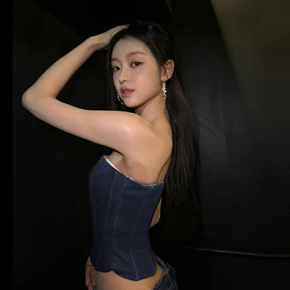 Autumn new women's fashion lace sexy fashion cross strap design Slim denim small vest