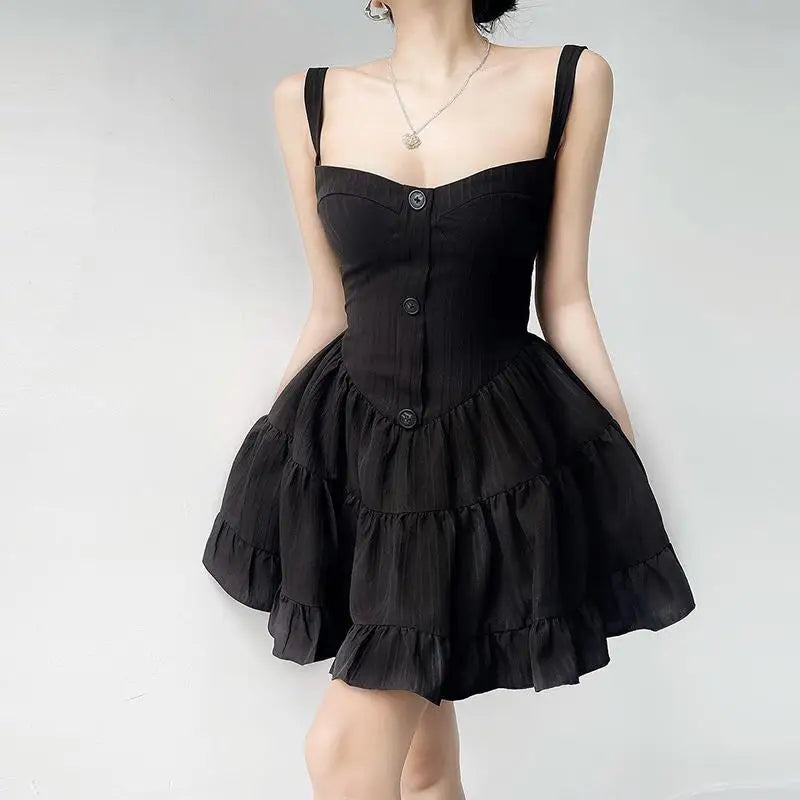 Coalfell Slip Black Puffy Dress Women Short Hotsweet Simple Square Neck Skinny Slimming Little Black Dresses