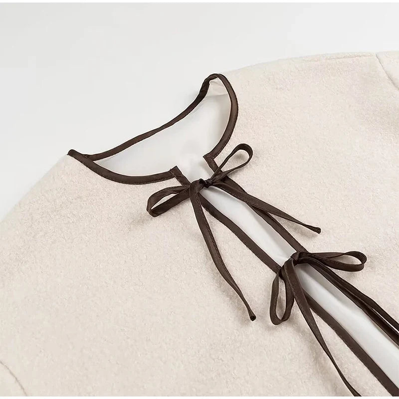 Elegant Women's Lamb Wool Cropped Cardigans Round Neck Lace-Up Long Sleeve Pocket Short Jackets 2024 Autumn New In Outerwears