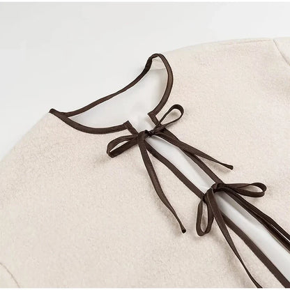 Elegant Women's Lamb Wool Cropped Cardigans Round Neck Lace-Up Long Sleeve Pocket Short Jackets 2024 Autumn New In Outerwears