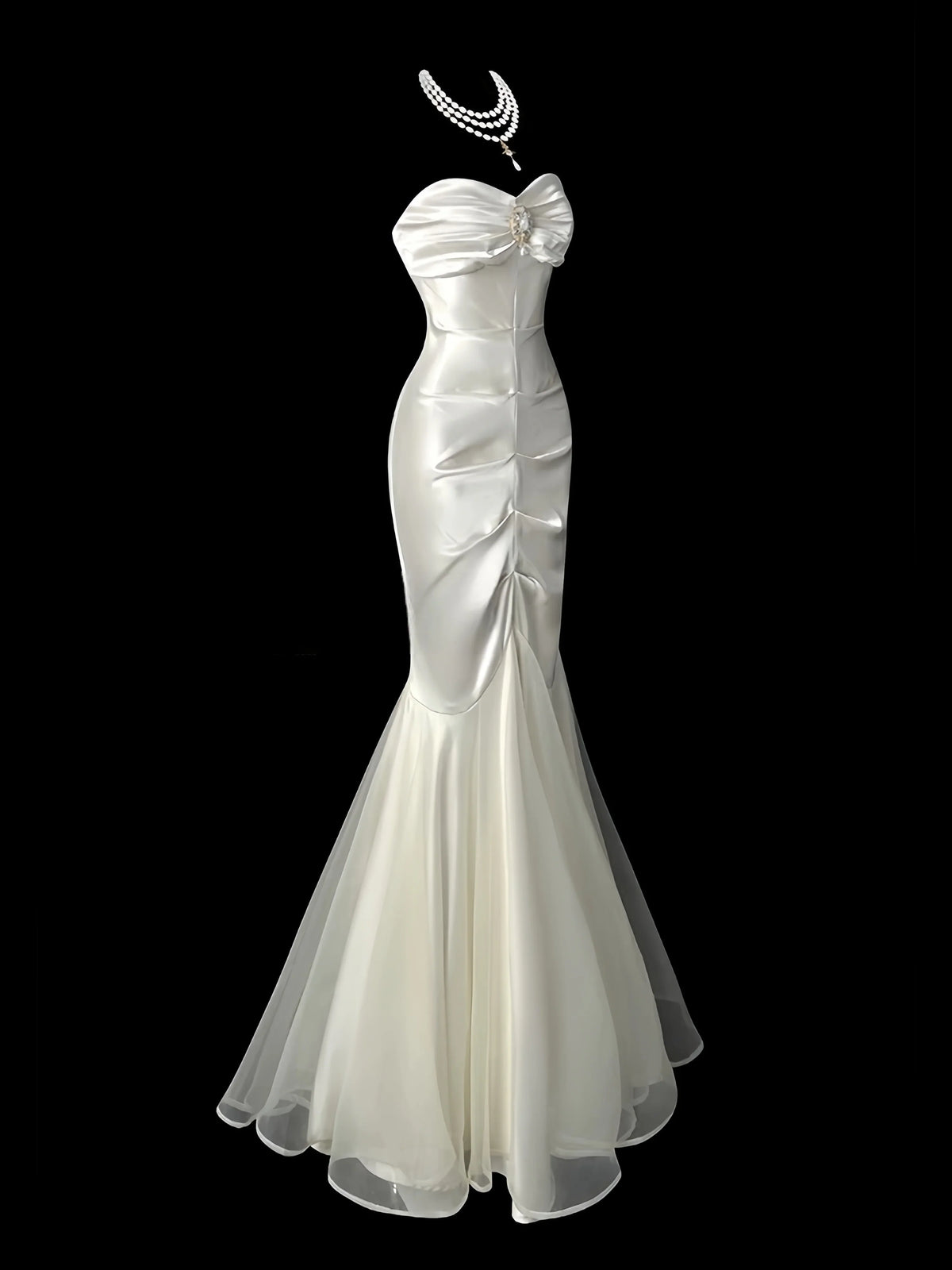 Satin White Evening Dress Wrap Hips Backless Strapless Sleeveless Fishtail Pleats Sweetheart Neck Birthday Party Prom Gown