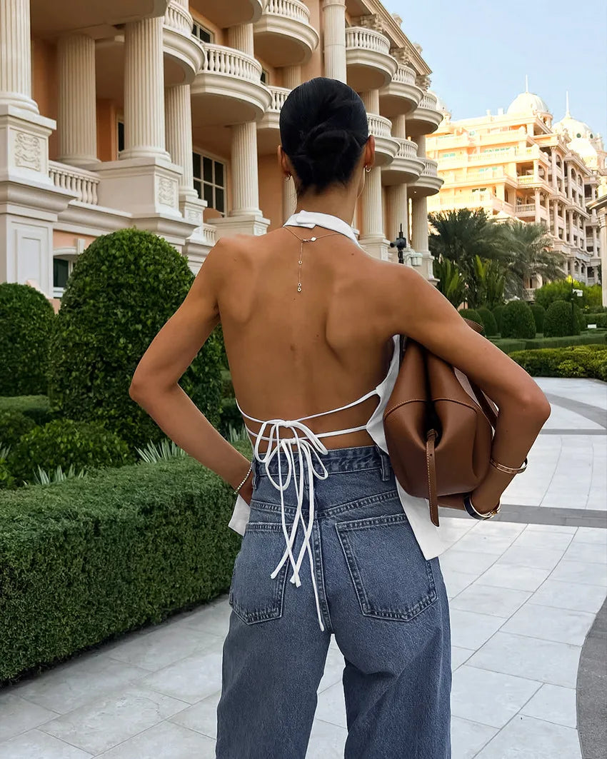 New sexy backless neck tied sleeveless vest top, fashionable and versatile, solid color, simple women's clothing