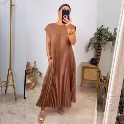 Accordion Pleated Crew Neck Sleeveless Maxi Dress