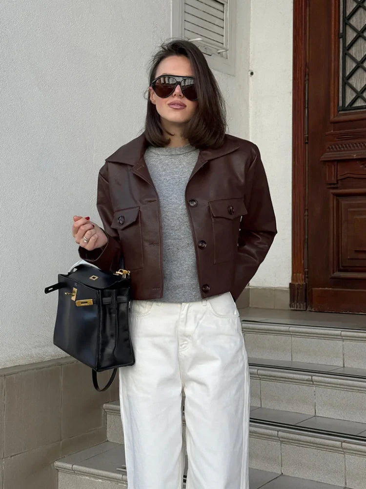 Elegant Brown Leather Cropped Jacket Women Fashion Laple Single Breasted Long Sleeves Coats Autumn Lady High Street Outwears