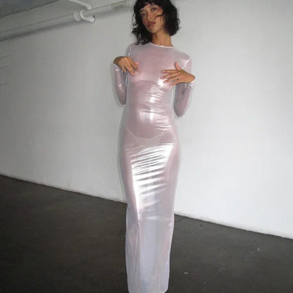 Crew Neck Sheer Mesh Shimmer Long Sleeve Bodycon Maxi Dress