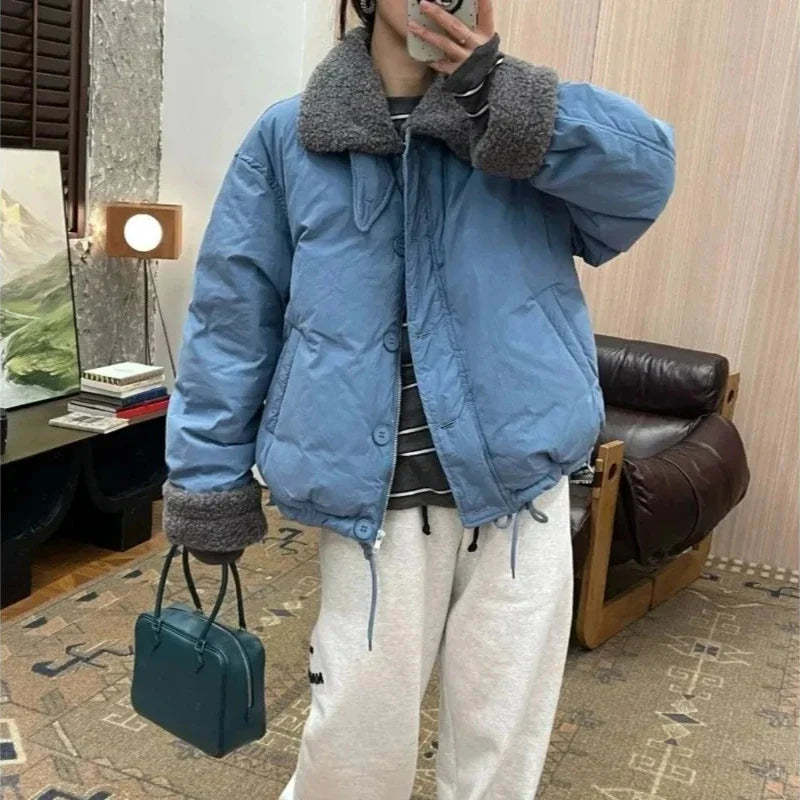 Lamb Wool Collar Spliced Cotton Jacket for Women with Fashionable Design Loose Winter Casual Cotton Jacket
