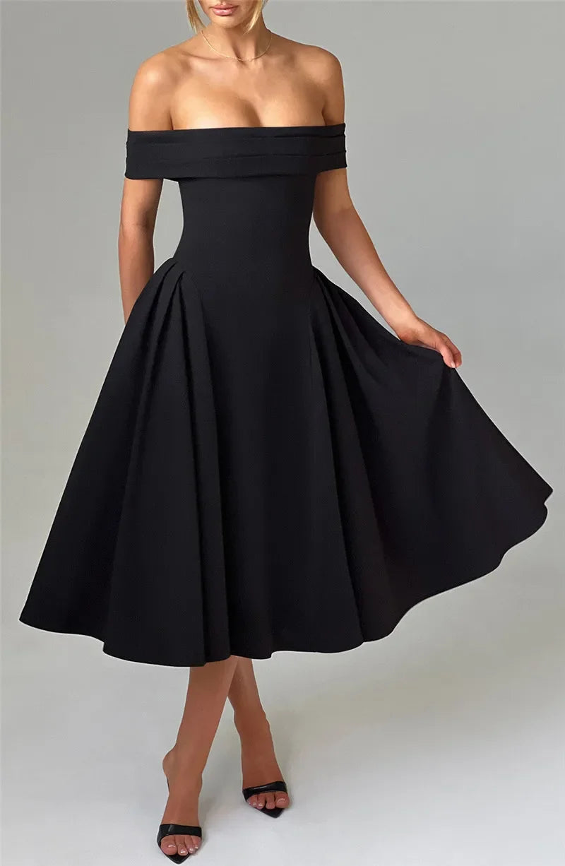 Off-Shoulder Folded Band Box Pleat Flare Midi Dress