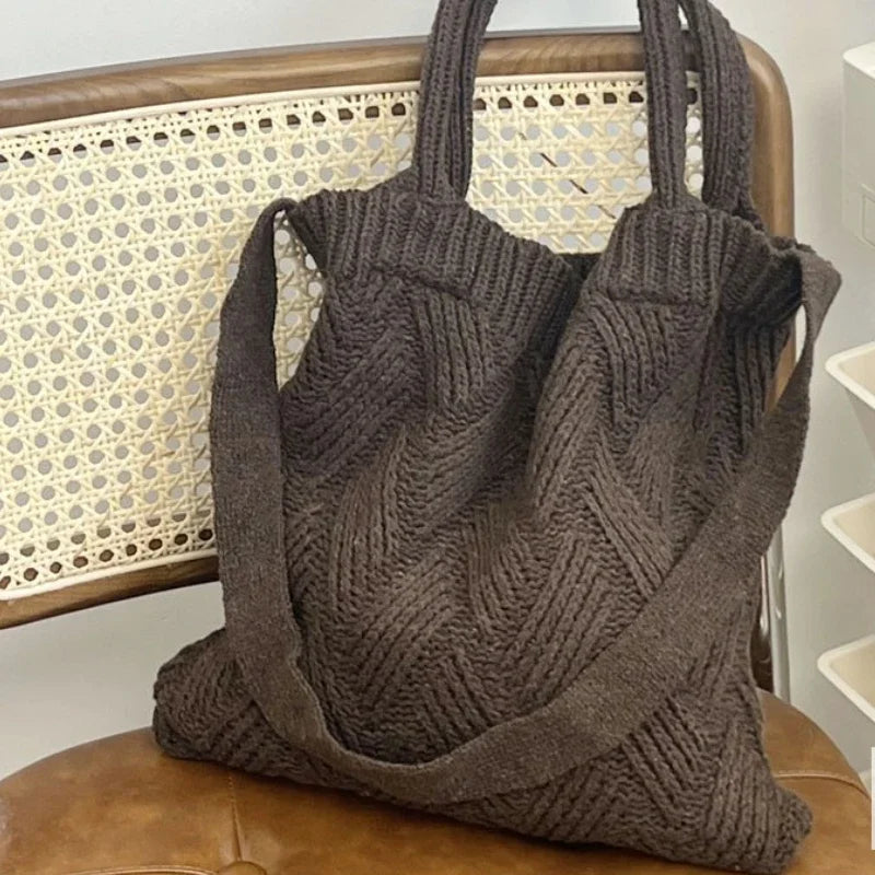 Grunge Vintage Knitted Solid Shoulder Bag Simple All Match Y2k Aesthetic Tote Japanese Cute High-capacity Crossbody Handbags