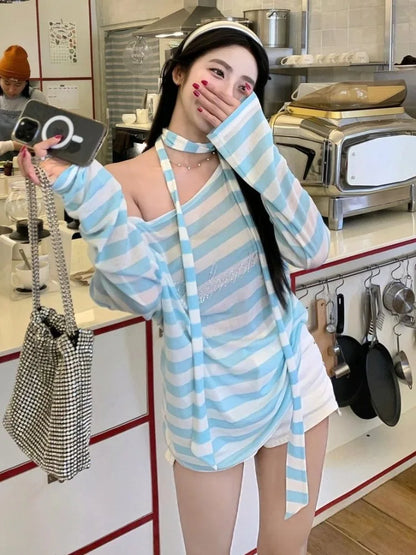 Blue Stripe One Shoulder T Shirts for Women Summer Thin Long Sleeve Sun-proof Y2k Tops Harajuku Girls Aesthetic Clothes