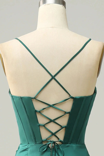 Elegant Vintage Green Blue Prom Gown with Spaghetti Straps Leg Split Evening Party Dress Outfit for Women Wedding Guest