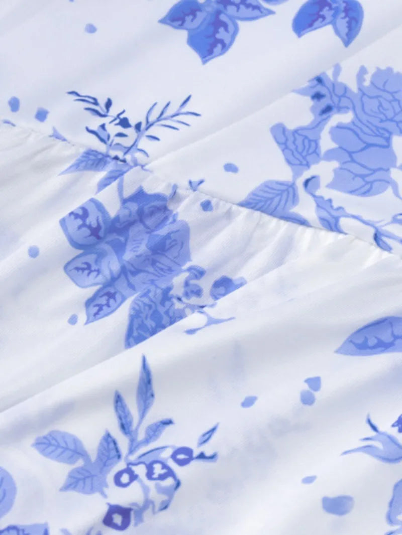 Blue Floral Print Strapless Summer Dresses for Women Sleeveless High Waist Backless Ruffles Irregular Split Evening Party Dress