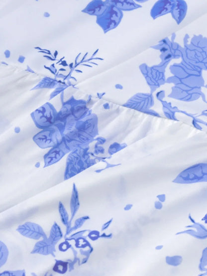 Blue Floral Print Strapless Summer Dresses for Women Sleeveless High Waist Backless Ruffles Irregular Split Evening Party Dress