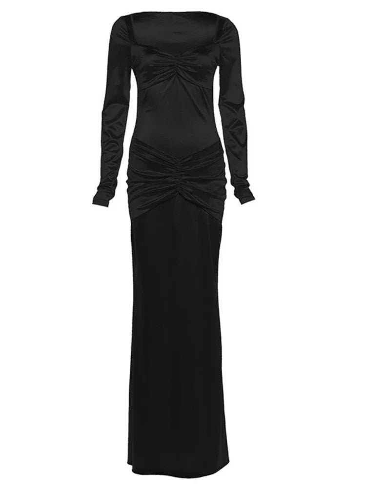 Women's Elegant Champagne Square Neck Long Sleeve Maxi Dress New Stylish Ruched Slim Bodycon Dress for Eveing Party Gown