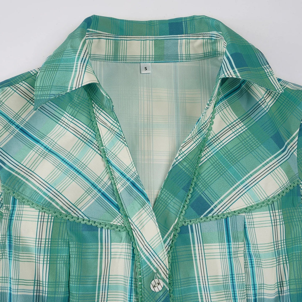 Green Plaid Print Blouse Vintage Turn-down Collar Single-breasted Top French Style Slim-fit Shirts Chic Fashion Clothes