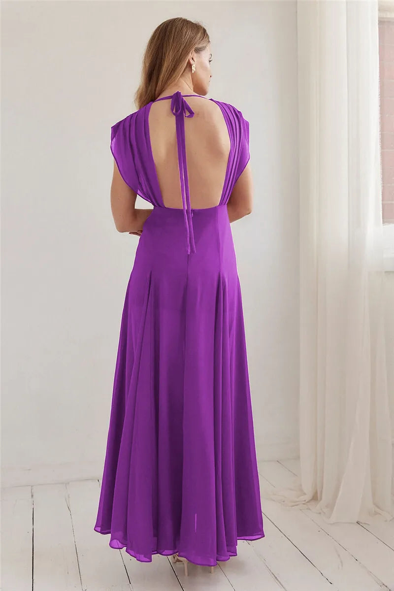 Choker Neck Deep V Sleeveless High Slit Flowy Maxi Dress