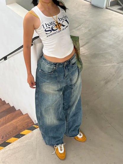 Vintage Oversized Blue Jeans Woman Y2k Casual America Retro Baggy Denim Pants Basic Harajuku Wide Leg Trousers Summer