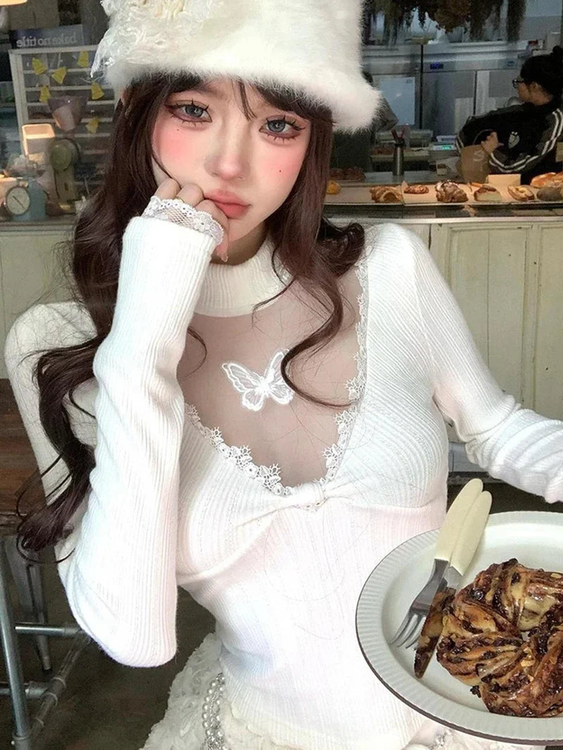 Y2K Cropped Black Sweater Women Harajuku Embroidery White Knitted Pullovers Gyaru Grunge Mesh Lace Knitwears Winter Chic Jumpers
