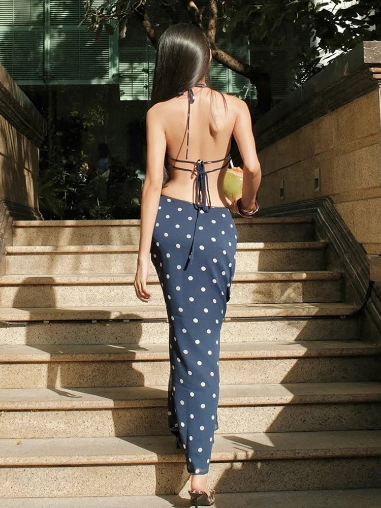 Sexy Polka Dot Print 2-Piece Set Women Halter Bandage Halter Backless Sleeveless Mini Tops+Straight Skirt Matching Suit