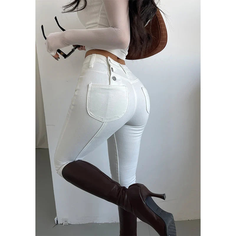 White High Waist Elastic Casual Jeans For Women's Autumn Winter New Design Pencil Pants Elegant Women Korean N4GS