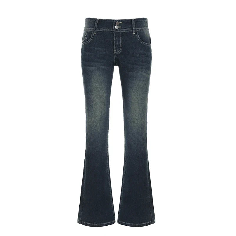 Women Low Waisted Flare Jeans Y2K Streetwear Vintage Casual Fashion Denim Trousers Spring Basic Slim Pants Outfits