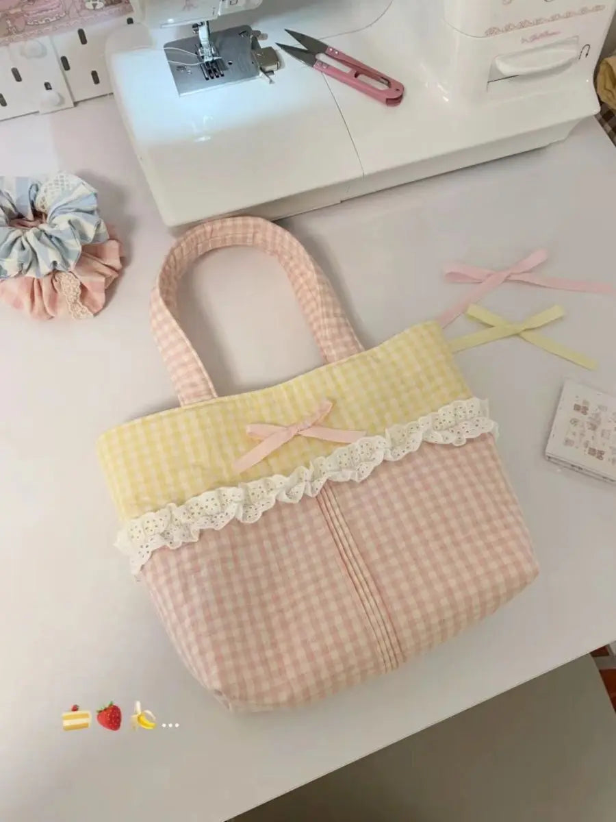2024 Spring New Small Yellow Grid Colored Lace Sweet Cute Handbag Causal Korean Chic Shoulder Underarm Tote Bags
