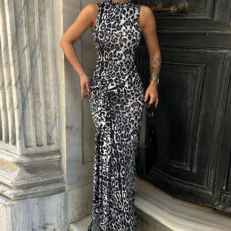 Woman Elegant Leopard Print Bandage Long Dress 2024 Summer Sexy O-neck Sleeveless Tunics Bodycon Slit Evening Party Dresses