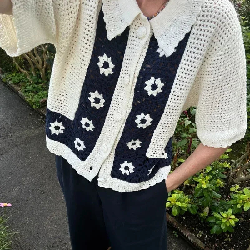 Casual Knitted Floral Cardigan Women Hollow Out Lapel Single Breasted Short Sleeve Sweaters 2024 Autumn New Lady Tops
