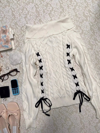 Millennium y2k white lace-up one-shoulder lapel sweater for women's autumn and Winter 2025 new style American retro knitted top
