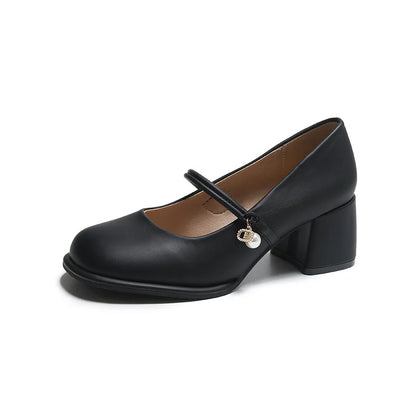 High Heel Leather Shoes Mary Jane Branded Pumps Chunky Sandals Shallow Mouth Clogs for Women Slip On Round Toe Latest Lolit